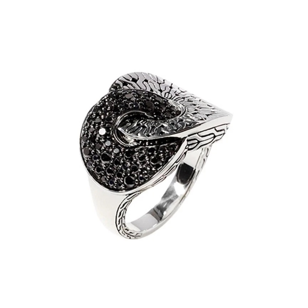 John Hardy Radial Hammered Modern Chain Collection Ring With Black Gemstones